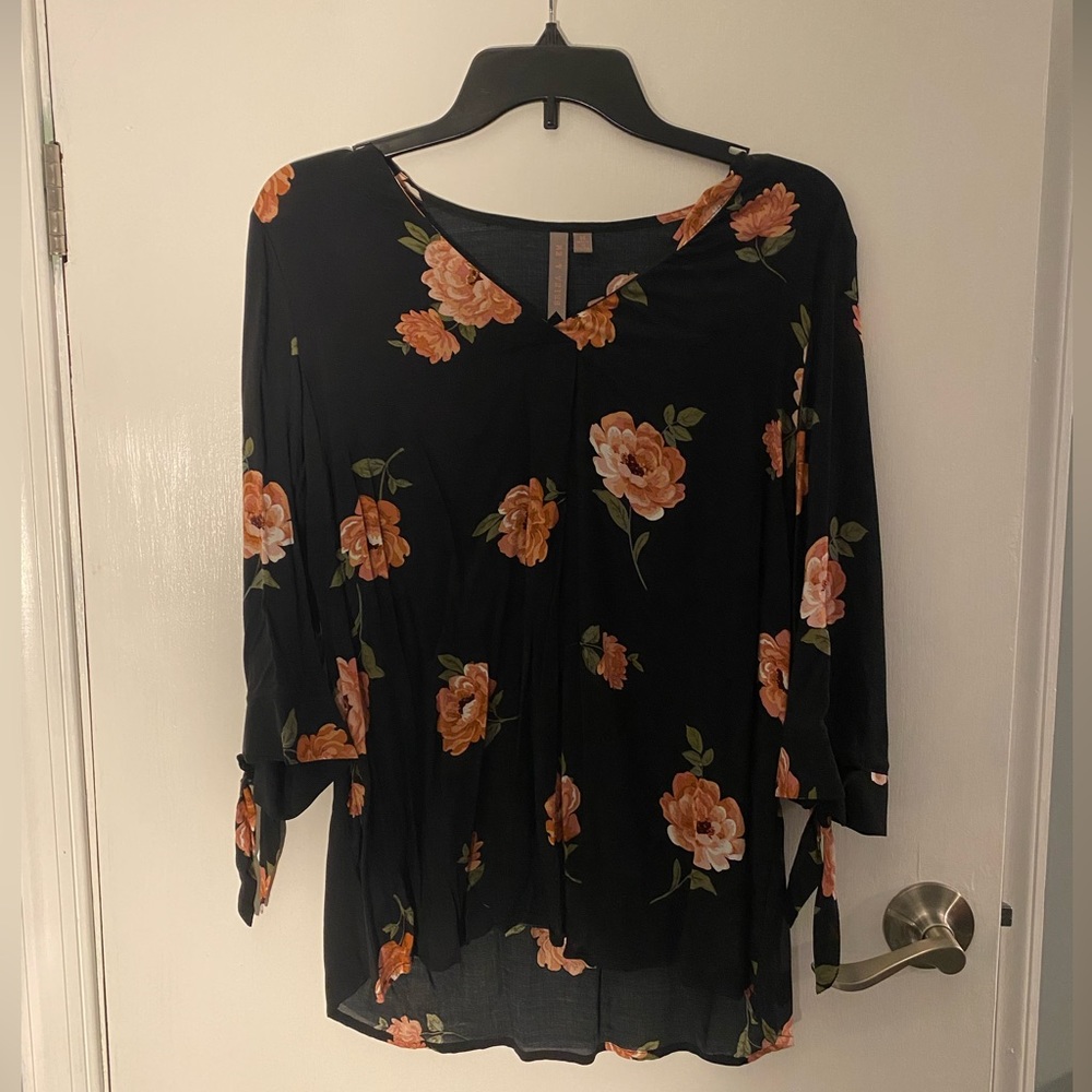 Black blouse with pink flowers Stitch Fix